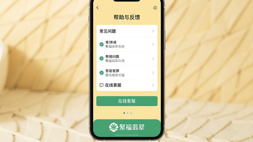 聚福翡翠App的支持页面,手机屏幕显示“帮助与反馈”界面,包含常见问题列表和在线客服入口,底部有“聚福翡翠”Logo,背景是淡黄色暖色调,界面简洁友好,画质干净。