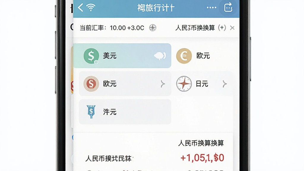 һ�����м�app����ֻ��ʻ��㹦�ܵĽ���ͼ���������ֻ���Ļ����Ļ����ʾ���м�Ӧ�ã��м��ǻ���ѡ���б�������Ԫ��ŷԪ����Ԫ��ѡ��·���ʾ��Ӧ������һ������������е�ǰ������Ϣ�����ּ�࣬�Ű����������ʵ�ã���ɫ���ţ�ϸ�����������ʸɾ��޶���Ԫ��