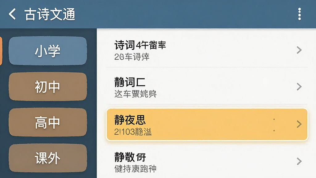 �����ͼ���廭�������ǡ���ʫ��ͨ��APP���Ŀ����ҳ�棬��������ʾ��Сѧ���������С��������С��������⡱��ǩ���Ҳ��б�չʾʫ�ʱ�������ߣ�����Ϊ���ҷ������Ű�����������ƽ����ϸ�ڸ�����ʾ����ҹ˼����Ŀ�����ʸɾ��޶���Ԫ�ء�