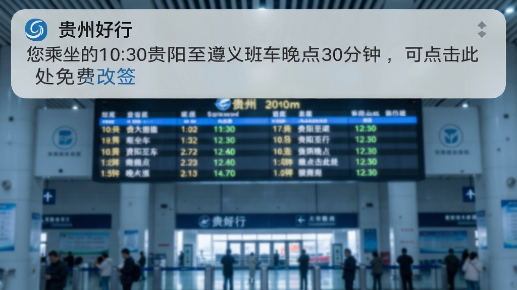 图片描述:手机通知栏截图风格,顶部显示“贵州好行”推送消息,内容为“您乘坐的10:30贵阳至遵义班车晚点30分钟,可点击此处免费改签”,背景是模糊的客运站场景,有电子显示屏显示班次信息,整体风格写实,色调偏冷,画质干净
