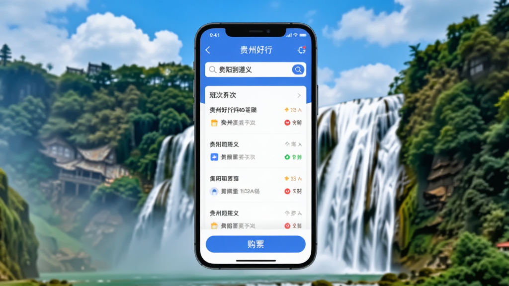 图片描述:应用商店风格的主视觉图,手机屏幕中显示“贵州好行”APP界面,背景是贵州著名景点黄果树瀑布,蓝天白云,界面以蓝白色调为主,顶部有搜索栏显示“贵阳到遵义”,中间是班次列表,底部有“购票”按钮,整体风格现代扁平,画质干净无多余元素