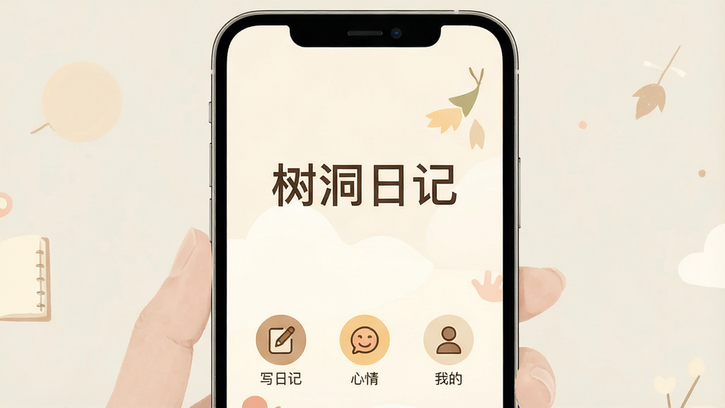 һ��չʾ�����ռ�APP������ĸ����ͼ���ֻ���Ļ������ʾ�������ռǡ��ĸ��֣���������ů���װ�ɫΪ�������·��С�д�ռǡ��������顱�����ҵġ�����Բ��ͼ�꣬�������Լ��ܰ�����ʸɾ��޶���Ԫ�ء�
