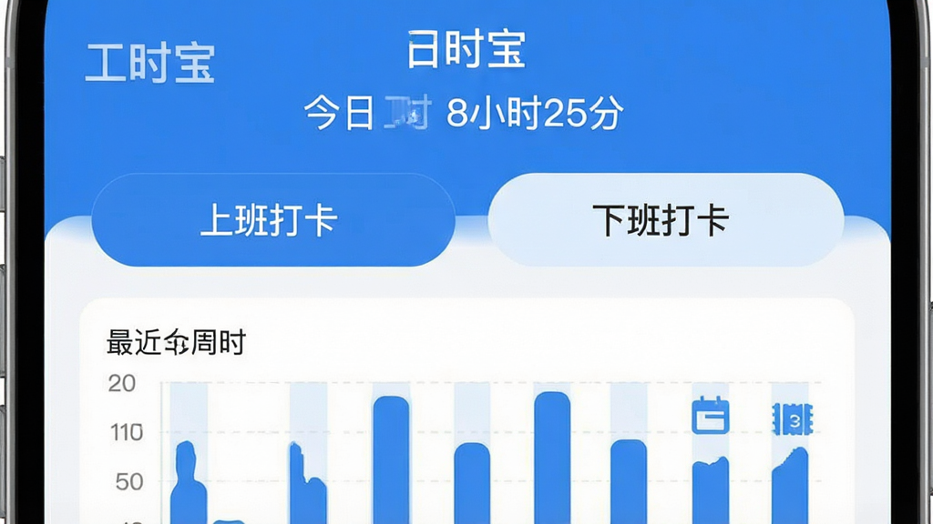һ���ֻ�Ӧ�ý���ĸ����ͼ�������ǡ���ʱ���������棬������ʾ�����չ�ʱ 8Сʱ25�֡����м��С��ϰ�򿨡����°�򿨡�������ť���·������һ�ܵĹ�ʱ��״ͼ�����ּ�࣬������ɫ����ƽ�����ϸ��Բ�󣬻��ʸɾ��޶���Ԫ�ء�