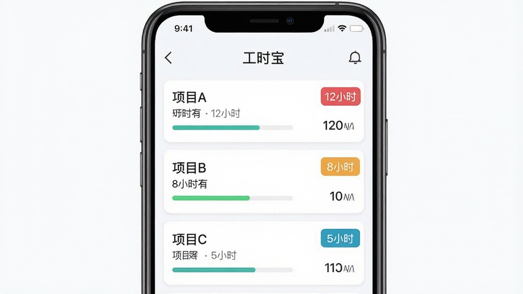 չʾ����ʱ��������Ŀ�������棬�������ֻ�APP���б�ҳ�棬�����С���ĿA 12Сʱ������ĿB 8Сʱ������ĿC 5Сʱ������Ŀ��ÿ����Ŀ�Ҳ��в�ɫ��ǩ������Ϊ��ֱ�б����Ű��࣬����ƽ��ϸ�ڰ�����������ʱ�����֣����ʸɾ��޶���Ԫ�ء�