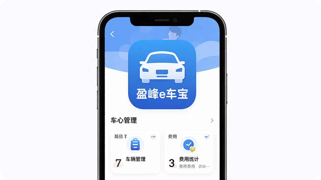 一张手机应用商店风格的主视觉图,主体是“盈峰e车宝”APP图标和手机界面,布局居中,排版清爽,图标以蓝色和白色为主色调,细节展示车辆管理、费用统计等核心功能模块,风格现代扁平,画质干净无多余元素
