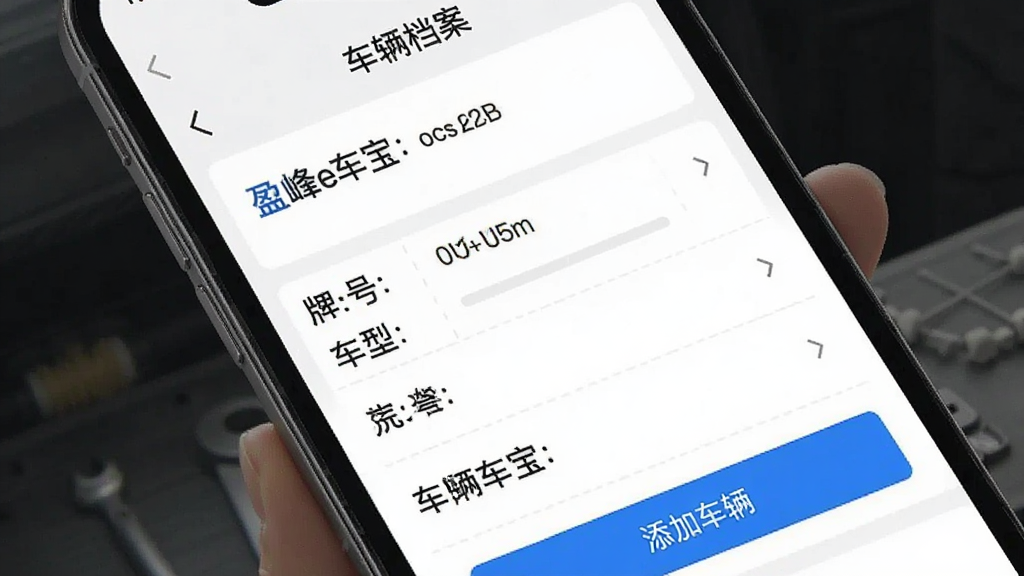 手机界面展示“盈峰e车宝”的车辆档案页面,主体是车牌号、车型等信息的表单,布局为列表式,排版清晰,细节包含蓝色高亮显示的“添加车辆”按钮,风格扁平简洁,画质干净无多余元素