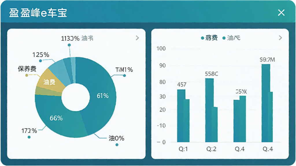 数据图表风格插图,主体是“盈峰e车宝”的费用统计界面,布局为饼状图和柱状图结合,排版错落有致,细节标注油费、保养费等分类,颜色以蓝绿色系为主,风格商务简约,画质干净无多余元素