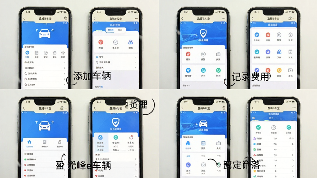 手机演示操作步骤的截图拼贴,主体是“盈峰e车宝”的各个功能界面,布局为四宫格,排版整齐,细节标注“添加车辆”“记录费用”等文字,风格明亮,画质干净无多余元素