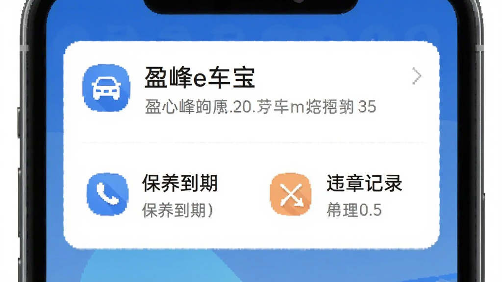 手机通知栏样式插图,主体是“盈峰e车宝”的提醒通知,布局为卡片式,排版简洁,细节显示“保养到期”“违章记录”等文字,颜色为白色背景配蓝色图标,风格轻快,画质干净无多余元素