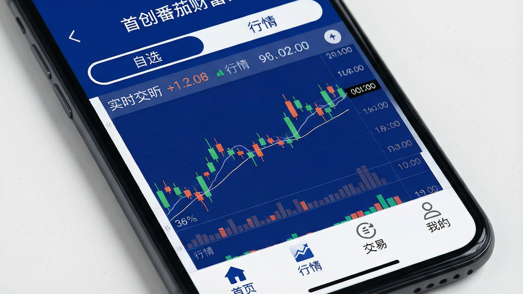 一张智能手机屏幕特写,屏幕中显示“首创番茄财富”APP的主界面,界面以深蓝色和白色为主色调,顶部显示“自选”和“行情”标签,中间是几只股票的实时价格走势图,K线图清晰可见,底部有“首页”、“行情”、“交易”、“我的”四个导航图标,整体布局简洁现代,画质干净无多余元素。