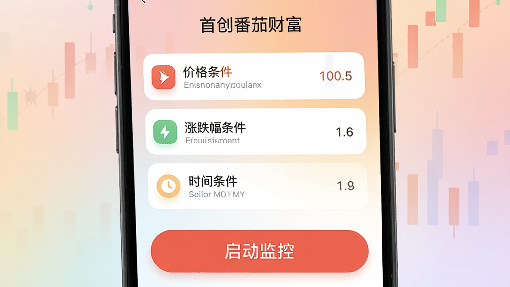 手机屏幕展示“首创番茄财富”的条件单设置界面,界面中有“价格条件”、“涨跌幅条件”、“时间条件”等选项,下方有一个大大的红色“启动监控”按钮,背景是柔和渐变色,整体风格扁平化,图标圆润,文字提示清晰,画质干净无多余元素。