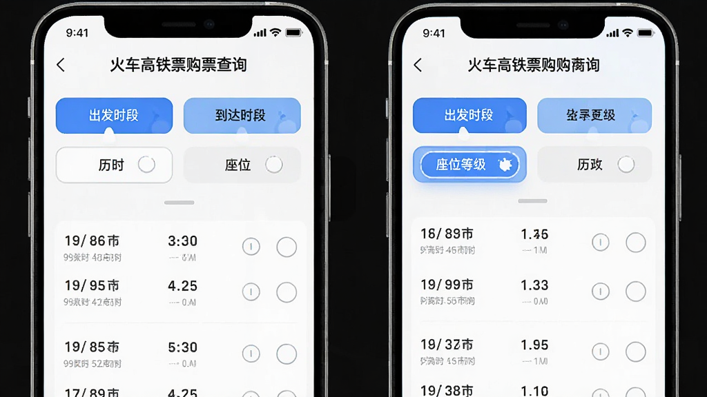 手机应用界面展示“火车高铁票购票查询”的筛选功能,屏幕上有多排筛选按钮,如“出发时段”、“到达时段”、“历时”、“座位等级”,下方是筛选后的车次列表,界面整洁,交互感强,现代UI设计,高清画质