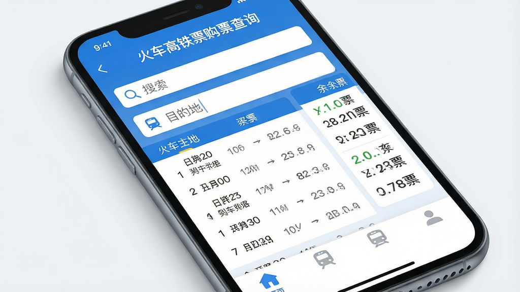 一张手机屏幕的特写,屏幕中显示“火车高铁票购票查询”应用的主界面,界面采用蓝白配色,顶部有搜索框和目的地输入框,中间是清晰的列车时刻表和余票数字,底部有简洁的导航栏,整体风格现代扁平,画面干净明亮,高清渲染,无多余元素