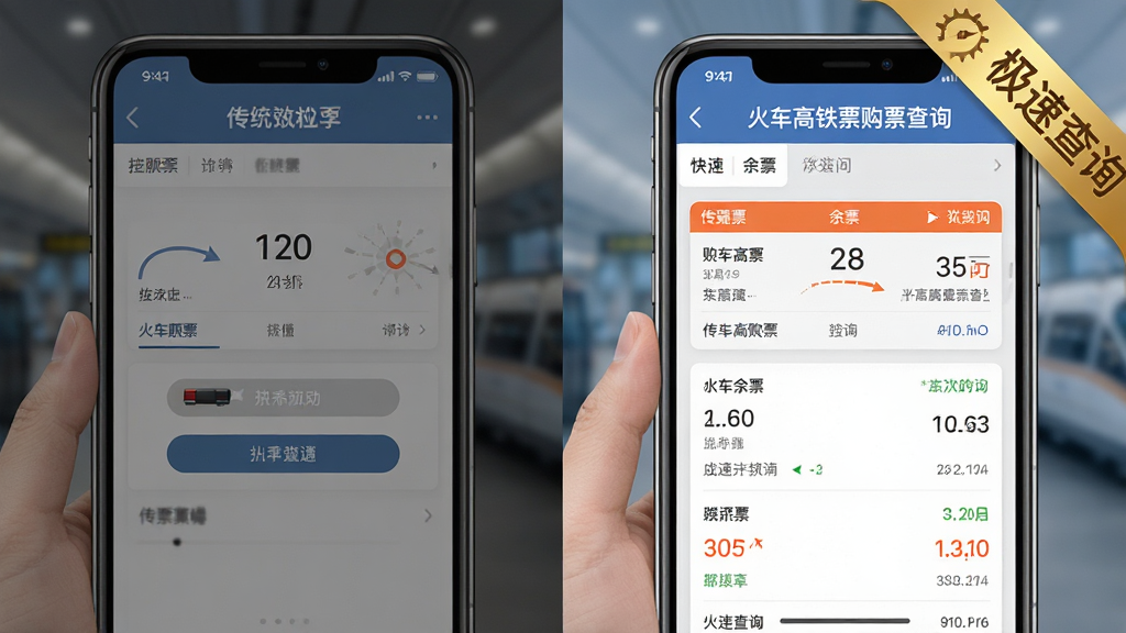 一幅对比图,左侧是传统购票软件加载缓慢的界面,右侧是“火车高铁票购票查询”应用快速显示余票的界面,右图带有“极速查询”金色标签,画面采用分屏布局,风格写实,细节丰富,画质清晰干净