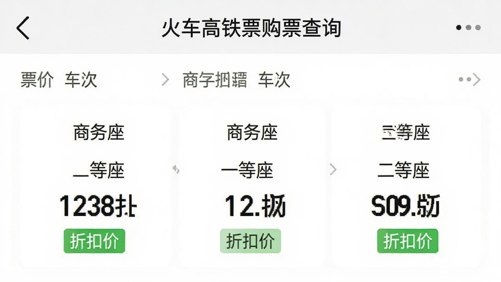 手机截图显示“火车高铁票购票查询”应用内某一车次的票价详情,屏幕中列出商务座、一等座、二等座的价格,并用绿色字体标注“折扣价”,界面清晰,数字醒目,风格简洁,高清画质