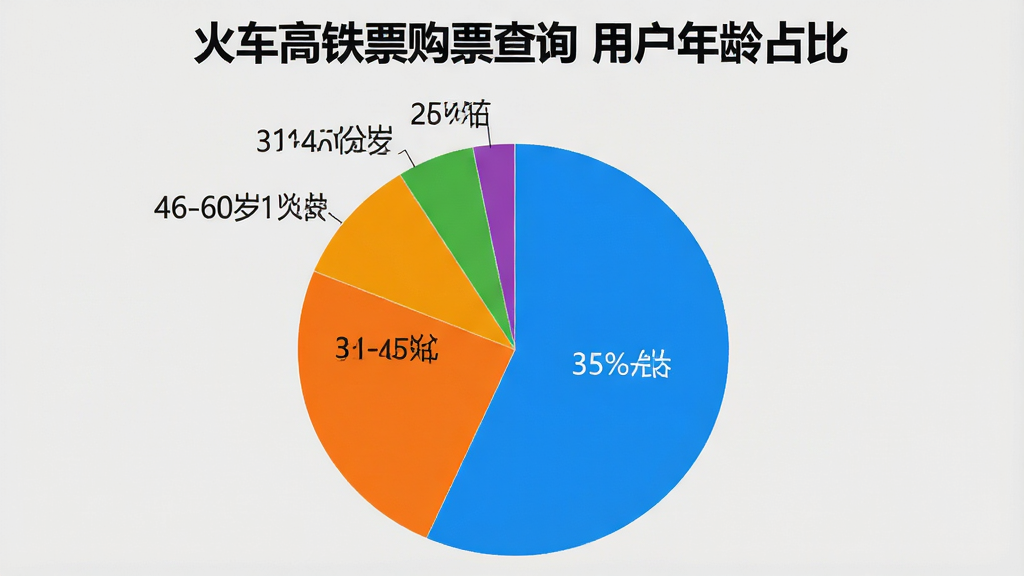 一张饼状图,标题为“火车高铁票购票查询 用户年龄占比”,图中显示18-30岁占35%,31-45岁占40%,46-60岁占20%,60岁以上占5%,配色鲜艳,图表清晰,背景为淡灰色,风格专业,画质干净,无多余元素