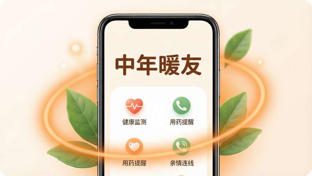 一张展示中年暖友APP核心功能的宽幅宣传图,主体为一部大屏智能手机,屏幕内清晰显示