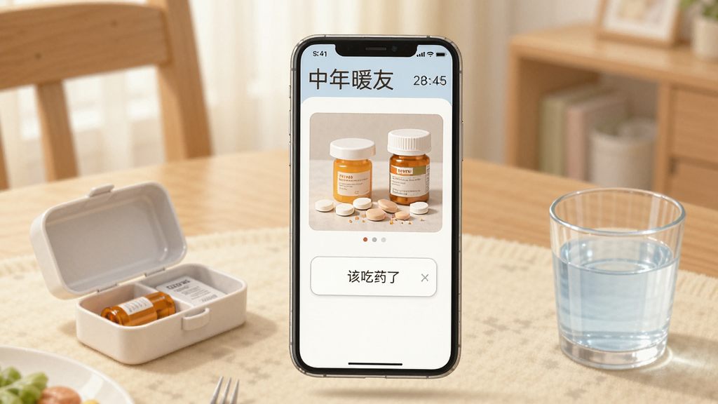一幅表现中年暖友用药提醒功能的插画,主体为一个带有