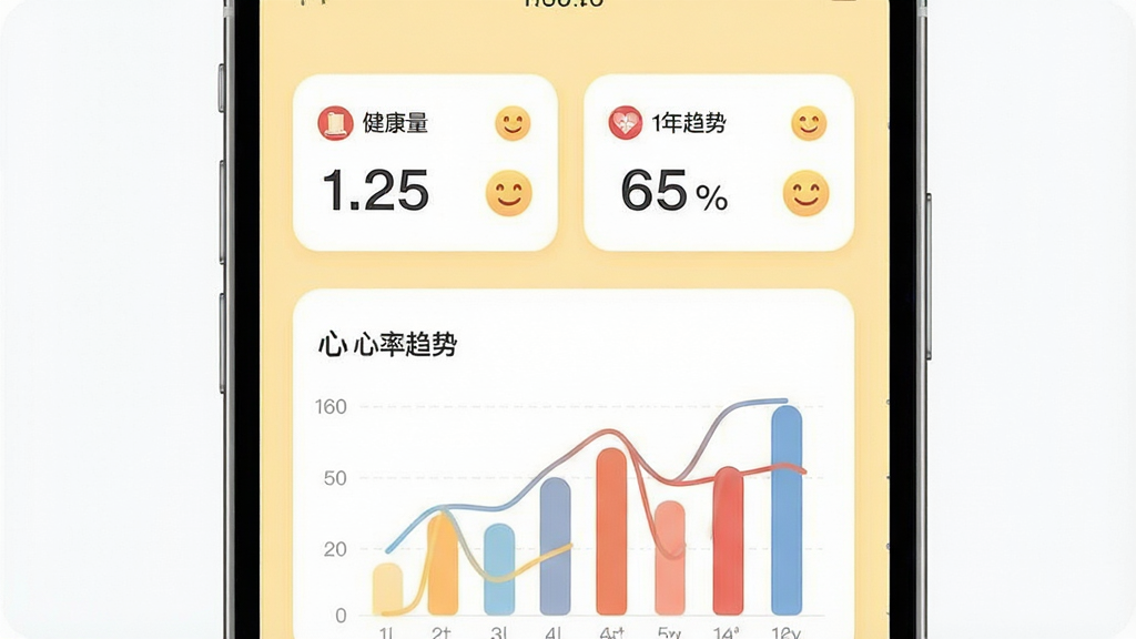 一幅展示中年暖友健康管理功能的手机界面截图风格图片,主体为手机屏幕内放大的血压与心率趋势图,图表线条圆润清晰,背景有温馨的浅黄色,布局以上下结构呈现,上方为数据卡片,下方为柱状图,排版规整,风格简约明亮,细节包括数字标注和笑脸图标,画质干净无多余元素