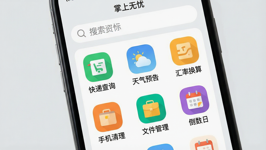 ��������Ϊһ���ֻ���Ļ����Ļ��չʾ���������ǡ�APP�Ĺ��ܾۺϽ��棬�������������·���������ʽ���и��๦��ͼ�꣬������ݲ�ѯ������Ԥ�桢���ʻ��㡢�ֻ��������ļ������������յȣ�ÿ��ͼ���·������������ֱ�ǩ������Ϊǳ��ɫ�����岼�ֹ�������ƽ����ƣ�ɫ�����죬���廭�ʣ��ɾ��޶���Ԫ��