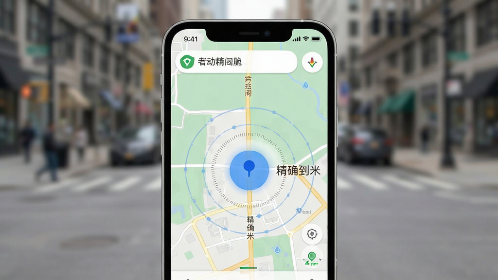 展示Location的定位精准度,手机屏幕显示高德风格的地图,地图中央有一个醒目的蓝色定位圆点,圆点周围有细小的精度圈,旁边有文字标注“精确到米”,手机外背景是模糊的城市街道,整体风格写实清晰,画质干净,无多余元素