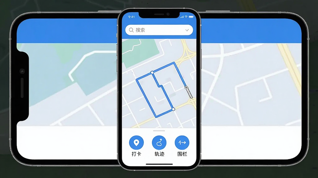 图片展示Location主界面,手机屏幕占据画面中心,屏幕内显示简洁的蓝白配色地图定位界面,顶部有搜索框,中间是清晰的地图路线,底部有三个圆形功能按钮,分别标注“打卡”、“轨迹”、“围栏”,整体风格扁平现代,画质干净,无多余元素
