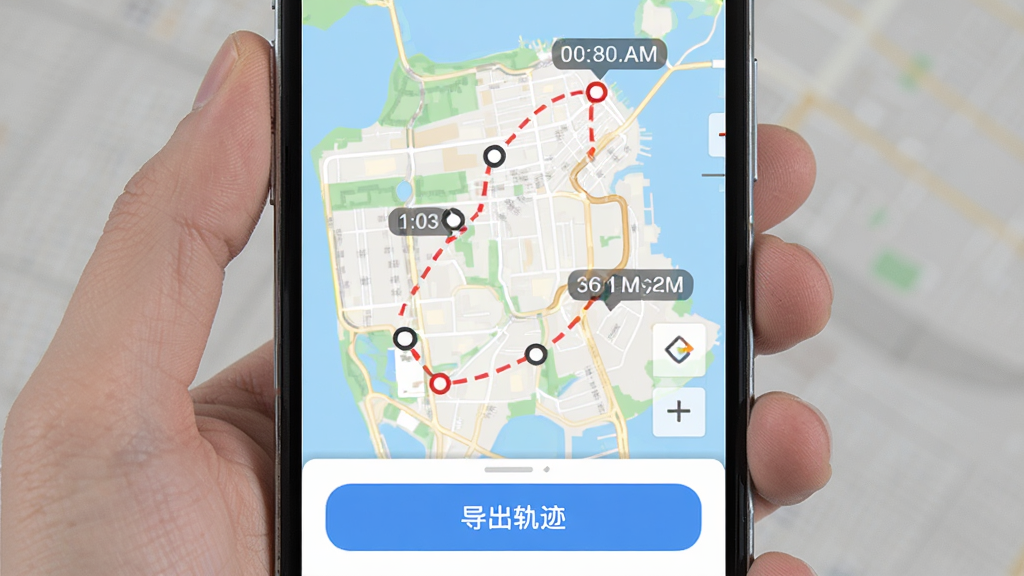 展示Location的轨迹记录功能,手机屏幕显示一张地图,地图上有一条红色的虚线轨迹,轨迹上有几个圆形节点,节点旁标注时间点,屏幕下方有一个“导出轨迹”的按钮,整体风格简洁清晰,画质干净,无多余元素