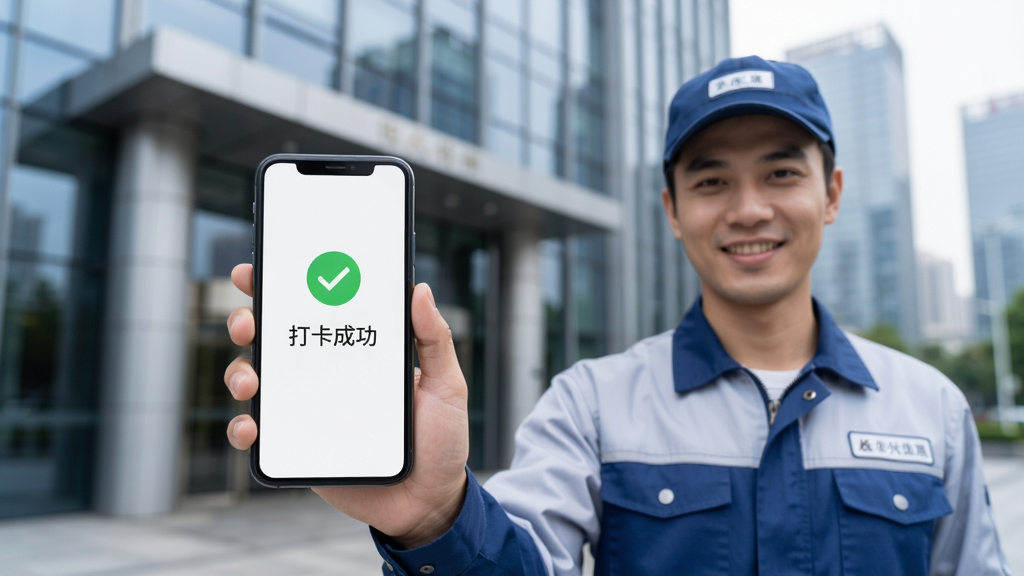 展示Location的使用场景,一个穿着工作服的业务员站在写字楼前,手持手机,手机屏幕显示打卡成功界面,上面有绿色的对勾和文字“打卡成功”,背景是模糊的城市建筑,整体风格写实,画质干净,无多余元素