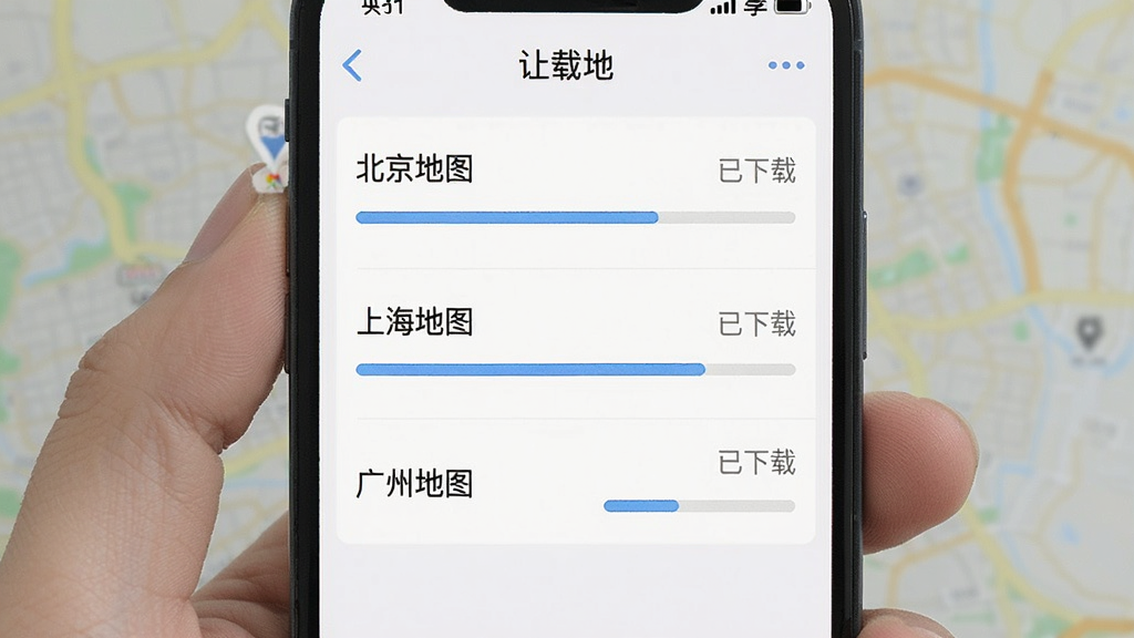 展示Location的离线地图功能,手机屏幕显示下载管理界面,列表中有“北京地图”、“上海地图”、“广州地图”等条目,每个条目右侧有下载进度条,其中一个显示“已下载”,整体风格简洁,画质干净,无多余元素