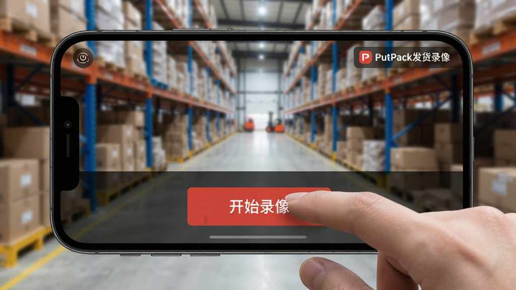 ���壺һֻ�����ڵ��PutPack����¼������ϵĺ�ɫ¼��ť�����֣��ֻ���Ļռ�ݻ������룬��ť����Ļ�°벿���ϰ벿��ģ���Ĳֿⱳ�����Ű棺���Ĺ�ͼ��ͻ����ť�����дʵ��Ӱ��񣬹�����Ȼ��ϸ�ڣ���ť�ϱ��С���ʼ¼����������Ļ���Ͻ���ʾ��PutPack����¼�񡱱�ʶ�����ʣ�����ϸ�ڷḻ�������ɾ��޶���Ԫ�ء�