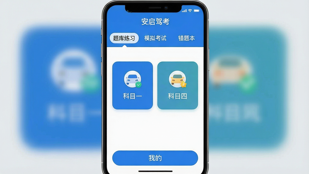 һ���ֻ���Ļ��ͼ��չʾ�������ݿ���APP�������棬�����С������ϰ������ģ�⿼�ԡ��������Ȿ������ѡ����м��ǿ�Ŀһ�Ϳ�Ŀ�ĵ���ڿ�Ƭ���ײ��С��ҵġ���ť������UI��Ƽ���ִ���������Ϊ��ɫ����ͼ��Բ�����������ʸɾ��޶���Ԫ�ء�