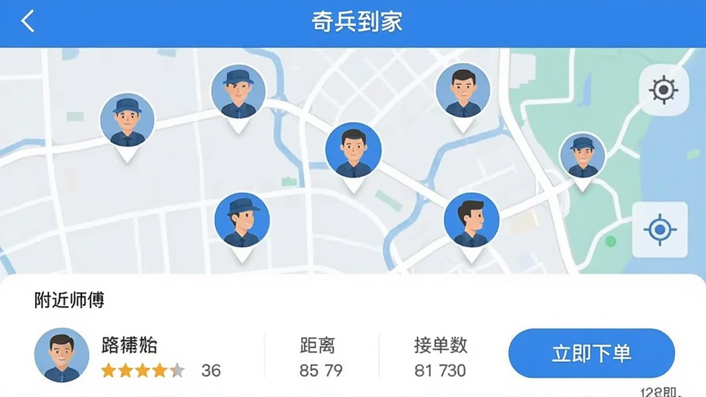 �������APPʦ���ӵ�ҳ���ͼ�������ǵ�ͼ���棬����ֲ��Ŷ��ʦ��ͷ��ͼ�꣬�ײ��С�����ʦ�����б�����ʾʦ�����������֡�����ͽӵ������Ҳ��С������µ�����ť�����岼����������ͼ����࣬������ɫ����ƽ����ƣ�ϸ�ڷḻ�����ʸɾ����޶���Ԫ�ء�