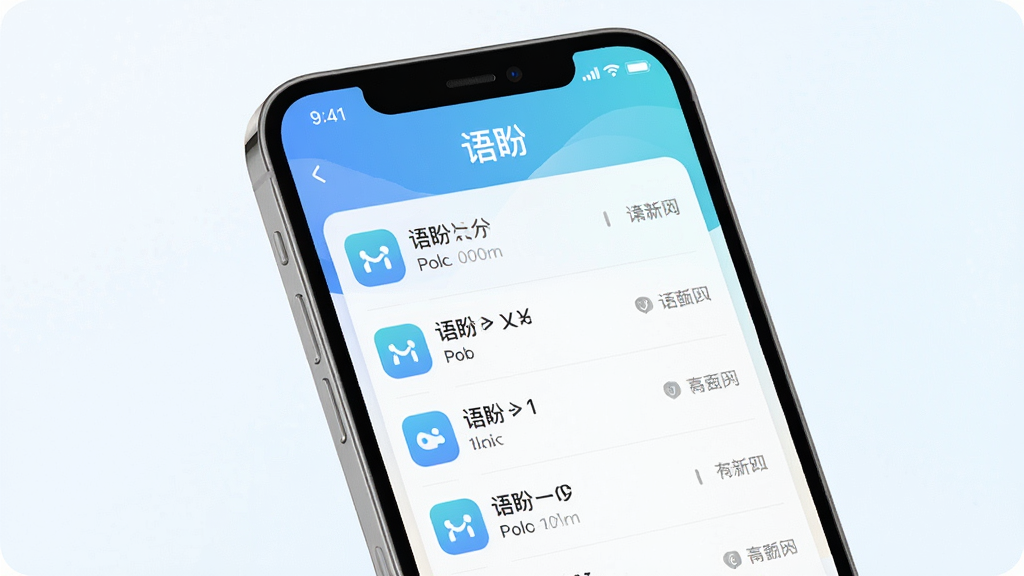 一张展示语盼手机应用主界面的高清图片,主体为一部智能手机,屏幕中显示语盼的聊天列表页面,整体布局简洁,顶部有“语盼”字样,背景为清新的蓝白渐变,风格现代扁平,细节圆润,画质干净无多余元素。
