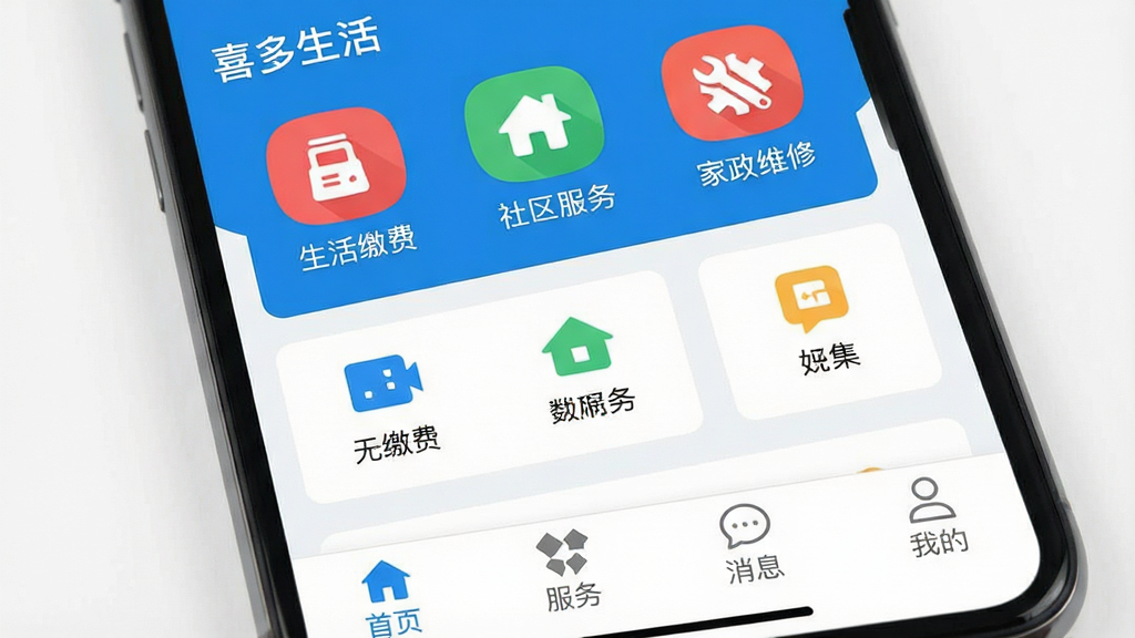 һ�������ֻ���Ļ��д����Ļ����ʾ��ϲ�����App�������棬���涥���С�����ɷѡ������������񡱡�������ά�ޡ��Ȳ�ɫͼ�꣬�м��ǳ��ù��ܿ����ڣ��ײ��С���ҳ���������񡱡�����Ϣ�������ҵġ��ĸ�ѡ������岼��������������ɫ����ƽ����Ʒ�񣬻���ɾ��������޶���Ԫ��