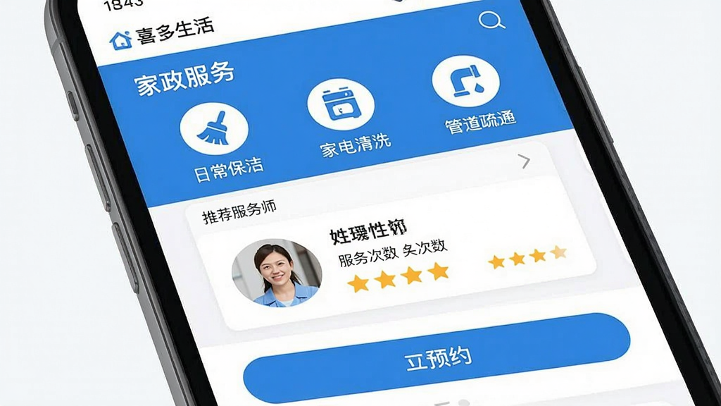 һ���ֻ���Ļ��ͼ����Ļ����ʾ��ϲ�����App�ġ���������ҳ�棬ҳ�涥���ǡ��ճ����ࡱ�����ҵ���ϴ�������ܵ���ͨ���ȷ������ͼ�꣬�м����Ƽ�����ʦ�Ŀ�Ƭ������ͷ��������������������֣��ײ���ԤԼ��ť���������࣬������ɫ����ƽ����ƣ������������޶���Ԫ��