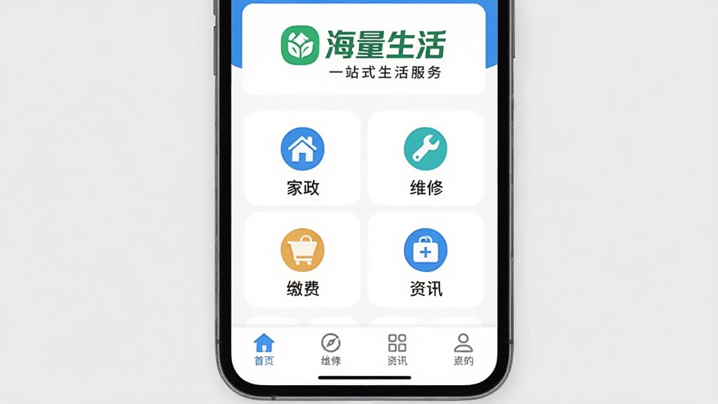 ͼƬ����Ϊ���������APP�������ֻ�ȫ��չʾ���棬���沼�ּ�࣬������ʾ�����������ɫlogo�͡�һվʽ������񡱱���в�Ϊ������ά�ޡ��ɷѡ������Ѷ�ȹ���ͼ�����У��ײ�Ϊ��ɫ������������Ϊǳ��ɫ���������ƽ����ɫ��������Ϊ�������ʸɾ����޶���Ԫ�ء�