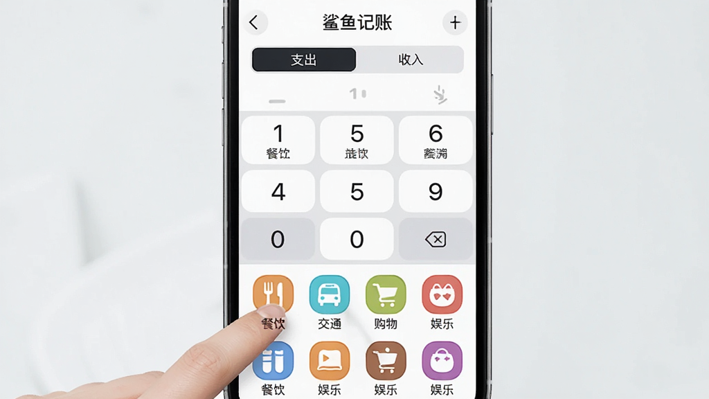 一张手机操作界面的图片,显示“鲨鱼记账”的记账页面,页面顶部有“支出”和“收入”两个标签,中间是数字键盘,下方排列着十几个彩色图标分类,如餐饮、交通、购物、娱乐等,用户手指正点击“餐饮”图标,整体风格清新简约,画质干净无多余元素