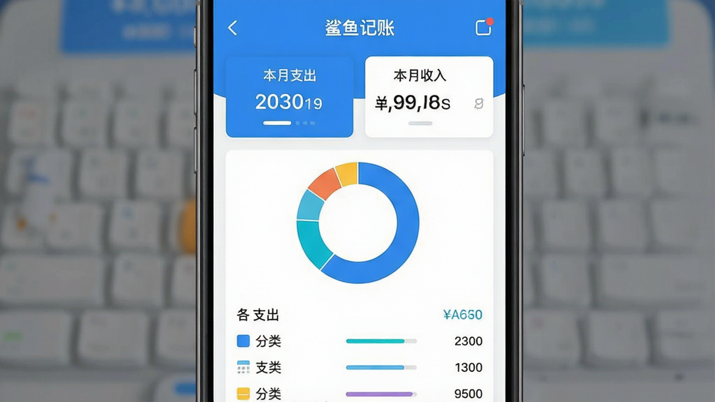 一张手机截图样式的图片,画面中央是“鲨鱼记账”APP的主界面,顶部显示“本月支出”和“本月收入”两个数字卡片,下方是环形统计图和各分类的支出占比列表,整体采用蓝白色调,界面简洁清晰,画质干净无多余元素