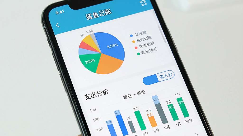 一张手机屏幕的图片,显示“鲨鱼记账”的统计页面,页面中有彩色饼图展示各分类支出占比,下方是最近一周的每日支出柱状图,图表旁边有“支出分析”和“收入分析”两个切换按钮,整体配色明亮,画质干净无多余元素