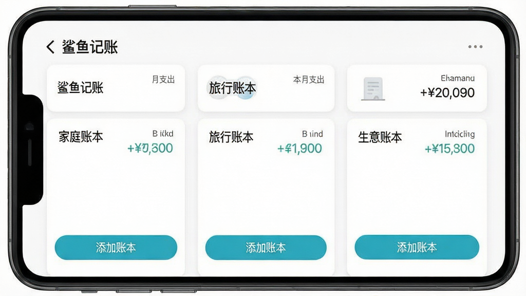 一张手机应用列表的图片,显示“鲨鱼记账”的账本管理页面,页面上有“家庭账本”、“旅行账本”、“生意账本”三个卡片,每个卡片右上角有本月支出金额,底部有“添加账本”按钮,整体布局整齐,画质干净无多余元素