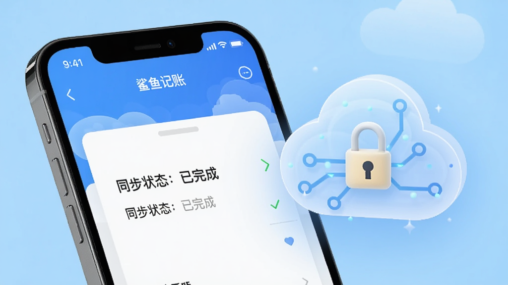 一张手机和云朵图标的图片,画面中一部手机屏幕上显示“鲨鱼记账”的云同步设置页面,页面上有“同步状态:已完成”字样,旁边有云朵图标和一把小锁,背景是浅蓝色渐变,整体科技感强,画质干净无多余元素