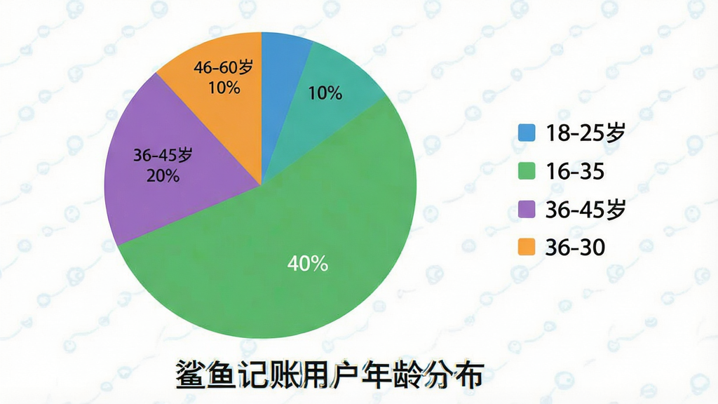 一张饼状图,展示“鲨鱼记账”用户年龄分布,分为18-25岁占30%,26-35岁占40%,36-45岁占20%,46-60岁占10%,每个扇区用不同颜色区分,图例在右侧,底部有“鲨鱼记账用户年龄分布”标题,整体干净清晰,画质干净无多余元素