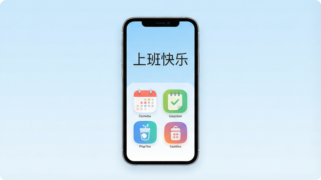 一张现代简约风格的手机应用界面展示图,手机屏幕居中,背景为干净的浅蓝色渐变,屏幕内显示“上班快乐”四个大字作为应用名称,下方排列着日历、任务清单、喝水提醒、摸鱼计时器等彩色图标,整体排版清晰,风格扁平化,细节圆润,画质干净无多余元素。