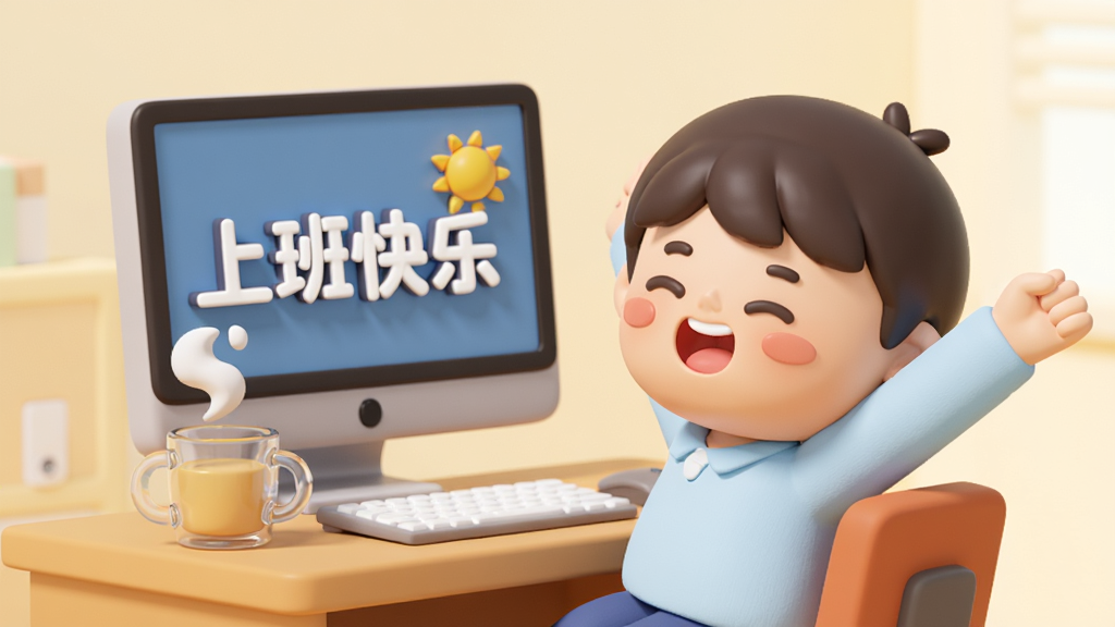 一幅可爱的3D卡通插画,一个卡通小人坐在办公桌前伸懒腰,桌上放着一杯冒热气的水杯,电脑屏幕上显示“上班快乐”四个字和一个小太阳图标,整体色调温暖明亮,构图简洁,画质干净无多余元素。