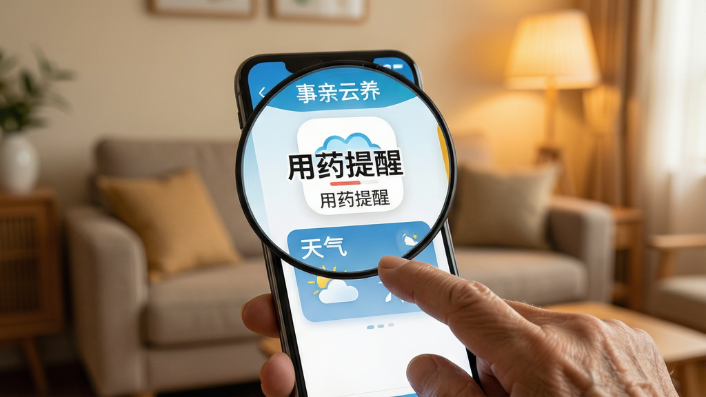 一张特写照片,一位老人的手指正点击手机屏幕上放大的“事亲云养”应用图标,界面显示超大字体“用药提醒”和“天气”卡片,背景是温馨的客厅,灯光柔和,画质清晰干净无多余元素