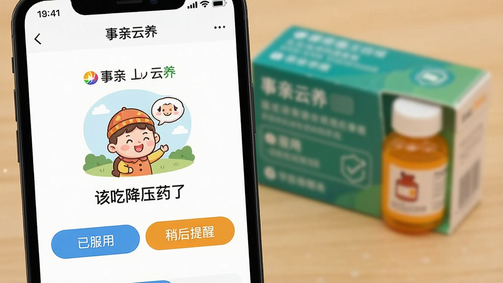 一张手机截屏示意图,展示“事亲云养”的用药提醒通知,屏幕上显示“该吃降压药了”的卡通插画和两个按钮“已服用”“稍后提醒”,背景是虚化的药盒,整体画面温馨,画质干净无多余元素