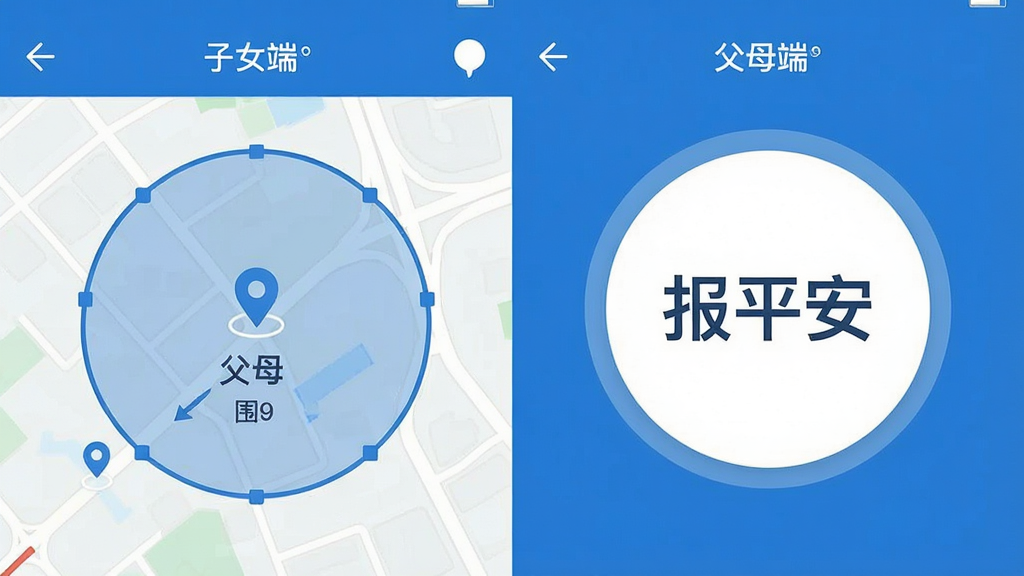 一张俯视视角的手机界面拼接图,左侧是子女端地图显示父母位置和围栏范围,右侧是父母端大大的圆形“报平安”按钮,整体设计扁平化,颜色以蓝白为主,标注清晰,画质干净无多余元素