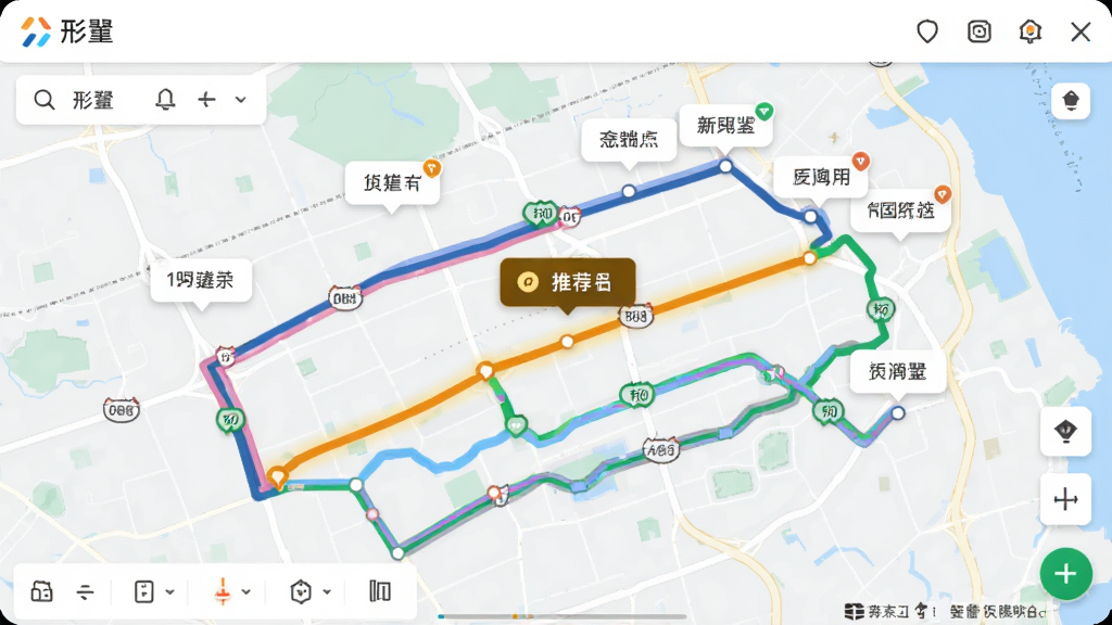 形翌智能路线规划功能界面,地图上显示多条彩色路线,其中一条被高亮标记为推荐路线,周围有路况信息气泡,界面清晰,画质干净,包含“形翌”字样