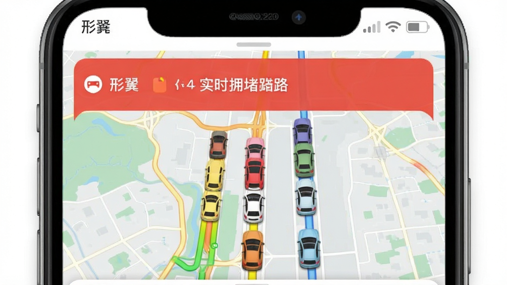 形翌实时路况预警截图,手机顶部显示红色拥堵路段提示,地图上颜色区分路况,车辆图标静止,界面简洁,信息醒目,画质干净,包含“形翌”名称