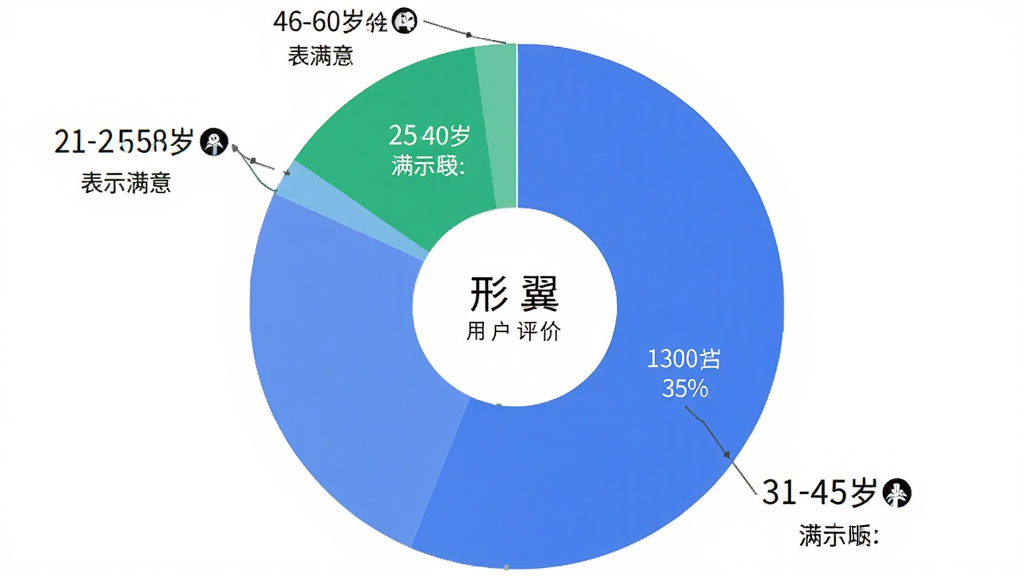 用户满意度饼状图,显示18-30岁占35%,31-45岁占40%,46-60岁占25%,所有年龄段用户均表示满意,图表简洁,画质干净,标注“形翌”用户评价